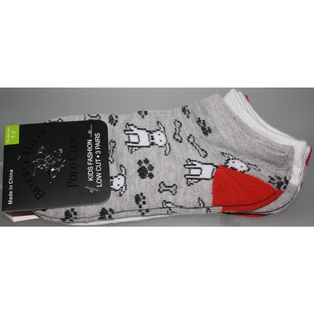 Beverly Hills Polo Club Girls Ankle Socks Size7-2: 3 Pair Dogs Stripes Red Black